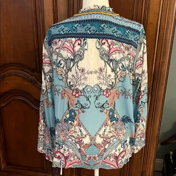 Hale Bob Blue and Pink Floral Beaded Silk Blouse, NWT, XL - Picture 4 of 11